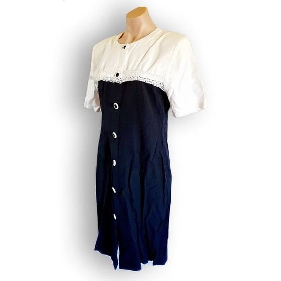 Vintage 80s White + black button up shirt dress with shoulder pads fit AU 10-14 - Picture 6 of 7